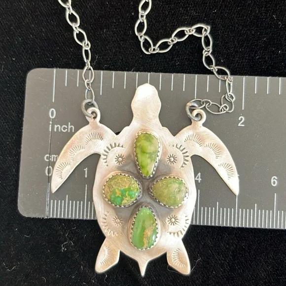 Silver Turtle Pendant Necklace with Palomino Stones - Picture 5 of 6